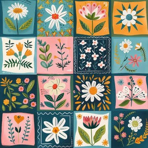 May include: A grid of sixteen square panels featuring various floral illustrations. Each panel displays different botanical motifs, including daisies, wildflowers, and stylized blossoms in a palette of blue, pink, orange, and white.