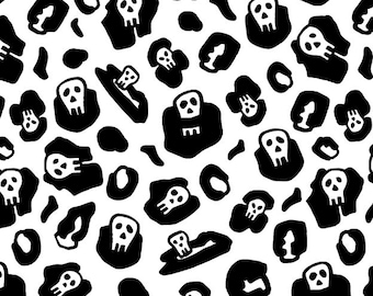 Black White Skull Leopard Fabric Halloween Grunge Simple Cute Gothic Style Fabric Cartoon 100% Cotton Fabric Anime Fabric By The Half Yard