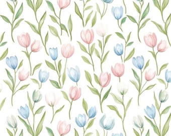 Watercolor Tulip Floral Fabric Spring Flower Soft Greenery Pastel Botanical Fabric Cartoon 100% Cotton Fabric Anime Fabric By The Half Yard