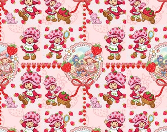 Strawberry Shortcake Fabric Vintage Strawberry Girl Custard Cat Pink Kawaii Fabric Cartoon 100% Cotton Fabric Anime Fabric By The Half Yard