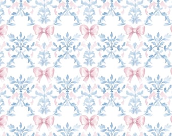 Watercolor Blue Pink Damask Bow Fabric Vintage Flower Botanical Delicate Fabric Cartoon 100% Cotton Fabric Anime Fabric By The Half Yard
