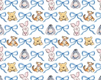 Winnie the Pooh Characters Fabric Blue Bows Tigger Piglet Eeyore Watercolor Fabric Cartoon 100% Cotton Fabric Anime Fabric By The Half Yard