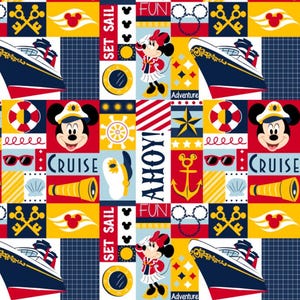 May include: A colorful nautical-themed pattern featuring Mickey and Minnie Mouse, cruise ships, anchors, and the words "Cruise," "Adventure," and "Ahoy!" in a patchwork design. The pattern uses red, yellow, blue, and white.