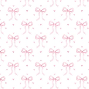 Puede incluir: Patrón de acuarela repetitivo con lazos rosa claro y pequeños corazones rosas sobre fondo blanco. Los lazos tienen cintas largas y fluidas. Adecuado para proyectos de manualidades y aplicaciones decorativas.