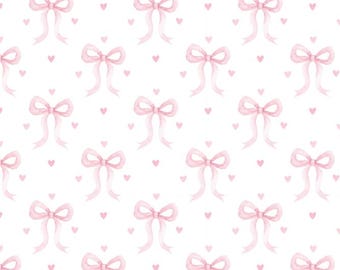 Watercolor Pink Bow and Heart Fabric Delicate Ribbon French Country Style Fabric Cartoon 100% Cotton Fabric Anime Fabric By The Half Yard