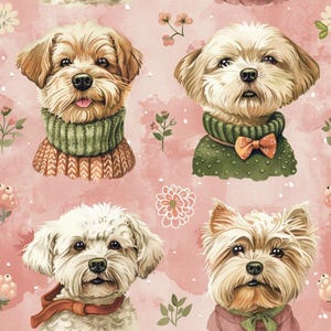 May include: A repeating pattern on a dusty pink background featuring four distinct dog portraits. The dogs wear various sweaters, scarves, and a bow tie. Small white floral illustrations are scattered throughout the design between the dogs.