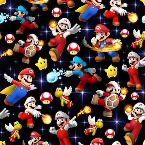 Pode incluir: Padrão repetido em um fundo preto com personagens da série de videogames Super Mario. Os personagens são retratados em poses dinâmicas, com cores vibrantes e efeitos especiais. Também inclui cogumelos, estrelas e outros elementos icônicos.