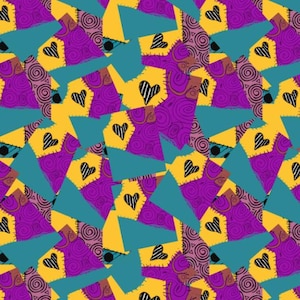 May include: A repeating pattern featuring patchwork-style designs in teal, yellow, and purple. The design includes black heart shapes and swirling patterns. The overall aesthetic is reminiscent of a fabric design.
