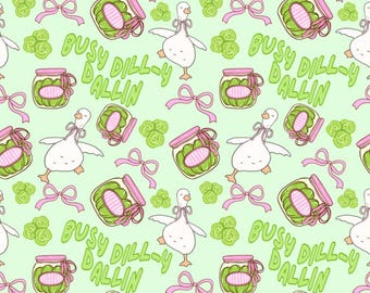 Dill-y Dallin Duck Fabric Cute Goose Pickle Jars Coquette Bow Green Fabric Cartoon 100% Cotton Fabric Anime Fabric By The Half Yard