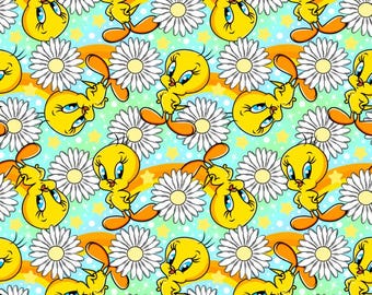 Tweety Bird Daisy Rainbow Fabric Stars Floral Looney Tunes Characters Green Fabric Cartoon 100% Cotton Fabric Anime Fabric By The Half Yard