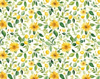 Sunflower&Lemon Vine Fabric Spring Watercolor Yellow Floral Green Leaves Fabric Cartoon 100% Cotton Fabric Anime Fabric By The Half Yard