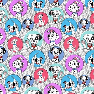 Könnte beinhalten: Ein sich wiederholendes Muster mit Cartoon-Dalmatinerhunden in farbenfrohen Kreisen. Die Hunde sind weiß mit schwarzen Flecken, vor rosa, blauen und violetten Hintergründen. Der Hintergrund hat ein grau-weißes Blättermuster.