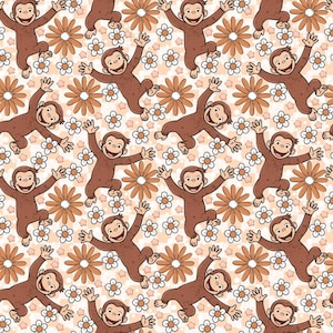 Nyfikna George Monkey & Daisies Tyg Orange Blommig Retro Stjärnor Brunt Djurtyg Tecknat 100 % Bomullstyg Animetyg Halvmeter