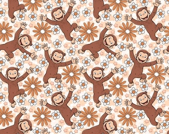 Curious George Monkey&Daisies Fabric Orange Floral Retro Stars Brown Animals Fabric Cartoon 100% Cotton Fabric Anime Fabric By The Half Yard