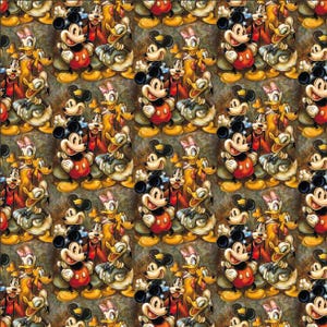 Op de afbeelding: Een herhalend patroon met Mickey Mouse, Donald Duck, Daisy Duck en Goofy. Mickey Mouse draagt een rode korte broek, Donald Duck een blauw matrozenhemd, Daisy Duck een paarse strik en Goofy een hoed.