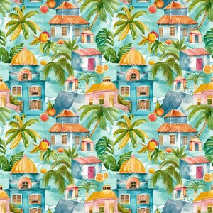 May include: A repeating pattern featuring watercolour-style illustrations of tropical houses with orange roofs and blue or pink walls, interspersed with green palm leaves and sliced orange citrus fruits against a light blue background.