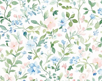 Blue & Pink Floral Fabric Spring Watercolor Flower Romantic Pastoral Style Fabric Cartoon 100% Cotton Fabric Anime Fabric By The Half Yard