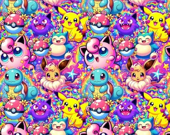 Pokemon Pikachu & Friends Fabric Pokéball Squirtle Snorlax Gengar Rainbow Fabric Cartoon 100% Cotton Fabric Anime Fabric By The Half Yard