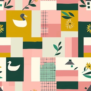 Op de afbeelding: Een stof met een herhalend patroon bestaande uit een geometrisch raster van rechthoeken in de kleuren roze, mosterdgeel, donkergroen en crème. Het ontwerp bevat illustraties van witte eenden, gele bloemen, groene bladeren en kleine huisjes.