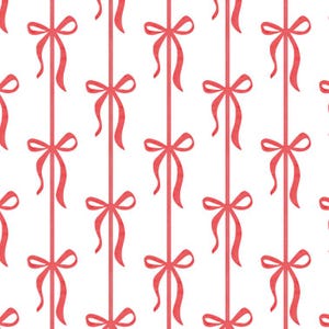 May include: A repeating pattern on a white background featuring vertical red lines intersected by stylized red bows. Each bow is tied with two loops and two trailing ribbon ends, arranged in a consistent grid across the entire surface.