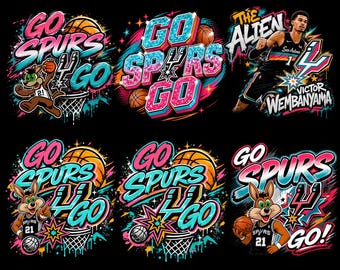 May include: Digital download featuring multiple designs with the text "GO SPURS GO" in vibrant colors. Includes basketballs, cartoon characters, and a player named Victor Wembanyama. The phrase "BUNDLE PNG FILE" is also present.