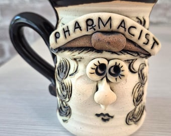 Whimsical Face Mug Woman Pharmacist Stoneware Pottery Signed Bradford 3D