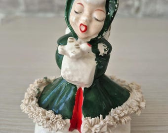 Vintage Japan Spaghetti Trim Christmas Angel Bell Dark Green Coat Holding Bird