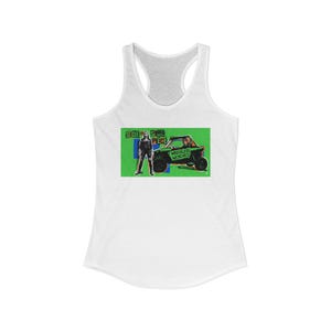 May include: White racerback vest with a graphic design. The design includes the text "SIDE PIECE" and "WRECKLESS WENCHES" with an image of a person and a green off-road vehicle.