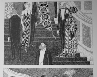 VINTAGE large Edward GOREY print / poster 1970s The Blue Aspic OPERA Stairs Ortenzia Caviglia Victorian Art Deco White Tie tail coat Turban