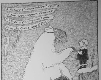 Large Vintage EDWARD GOREY print / poster CHRISTMAS Great Veiled Bear 17th Century poet Polar Bear x-mas Gory ice skates Holiday cookies