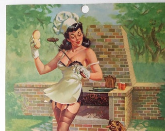 Vintage PINUP Girl print "BARBECUTIE" Vaughn Bass 1940s original Pin Up calendar page litho Spaniel dog Cheesecake Risque BBQ barbeque