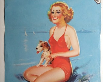 Vintage PINUP Girl print Fitz William BOYNTON "Adorable" 1930s original litho Pin Up Cheesecake Bathing Suit SCOTTIE dog