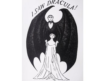 VINTAGE large Edward GOREY print / poster 1970s I saw DRACULA New York Broadway production Lucy and Count Dracula cape Vampire bat Halloween