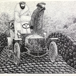 VINTAGE large EDWARD GOREY print / poster 1970s The Other Statue Victorian attire Fur open-top automobile Gory