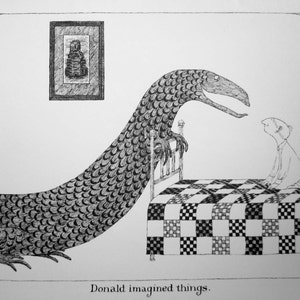 Large Vintage EDWARD GOREY print/ poster Donald and the....DRAGON patchwork quilt Dreams black + white illustration