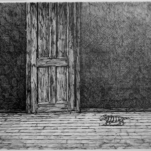 VINTAGE large EDWARD GOREY print / poster 1970s The West Wing interior Creature cross hatch drawing Gory