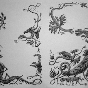 Large Vintage EDWARD GOREY print / poster DRAGON demon Dark Beasts Goblin black + white illustration Frank b.  Long gory 1970s Gothic