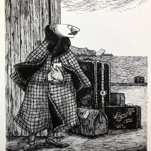 VINTAGE large EDWARD GOREY print / poster 1970s from 1st book Unstrung Harp Mr. Earbass suitcases Victorian attire Tweed overcoat moustache