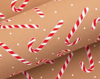 Candy Cane Kraft/Red Uncoated Matt Gift Wrap - Christmas Wrapping Paper (3 Metres)