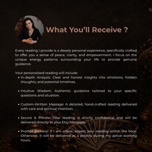 May include: A promotional image with the text "What You'll Receive?" and a photo of a woman. The text describes personalized readings, including in-depth analysis, intuitive wisdom, and custom messages, delivered securely and promptly.