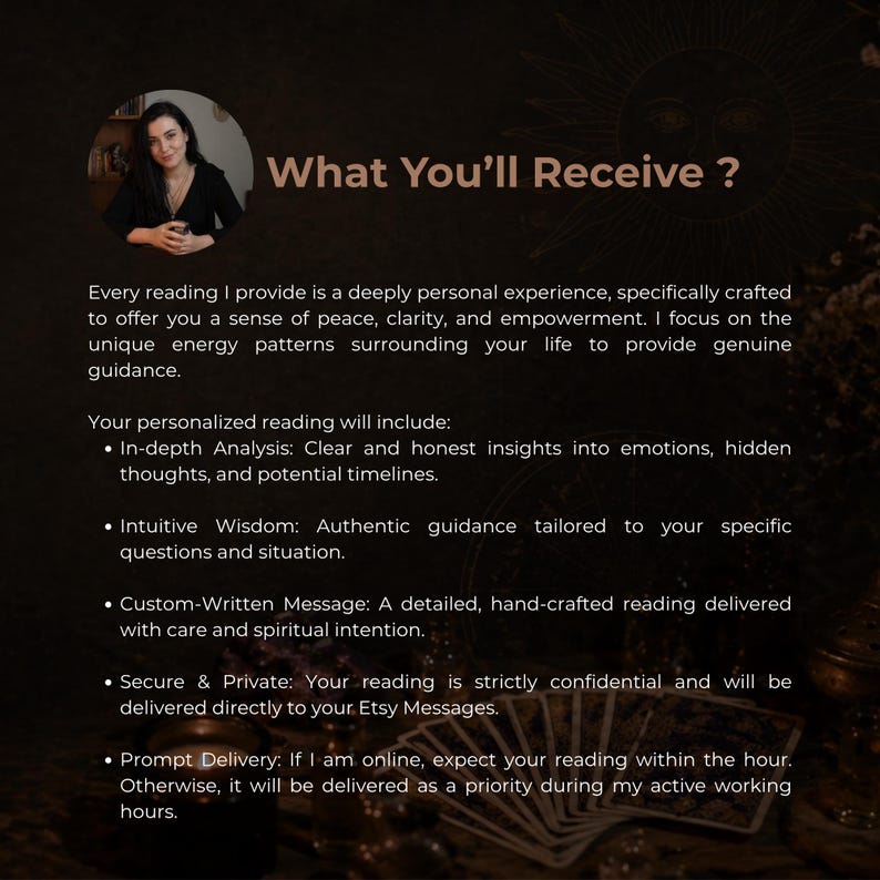 May include: A promotional image with the text "What You'll Receive?" and a photo of a woman. The text describes personalized readings, including in-depth analysis, intuitive wisdom, and custom messages, delivered securely and promptly.