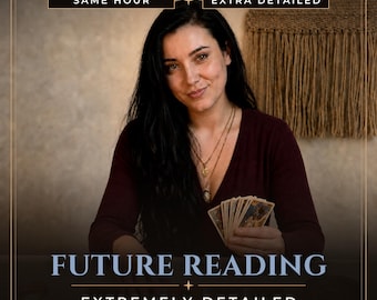 May include: A person with long dark hair wearing a dark maroon V-neck top and a layered gold necklace, holding a fan of tarot cards. Text reads: SAME HOUR, EXTRA DETAILED, FUTURE READING, EXTREMELY DETAILED, ELENA MEDIUM STUDIO.