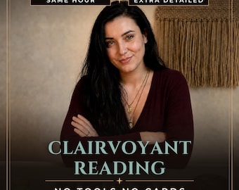 May include: A person with dark hair wearing a maroon long-sleeve shirt and layered gold necklaces. Text reads: SAME HOUR, EXTRA DETAILED, CLAIRVOYANT READING, NO TOOLS NO CARDS, ELENA MEDIUM STUDIO. The background features a beige wall and a woven tapestry.