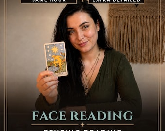 May include: A person holding a tarot card titled The Star, featuring a yellow figure kneeling by a pool of water. Text overlays read SAME HOUR, EXTRA DETAILED, FACE READING, PSYCHIC READING, and ELENA MEDIUM STUDIO. The person wears a dark green top.