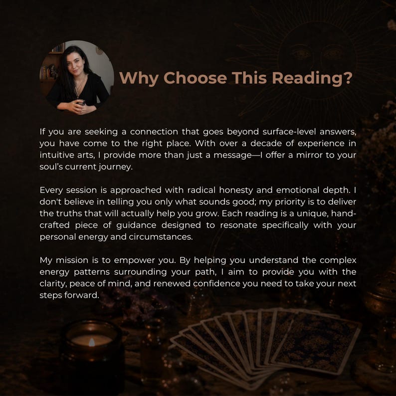 May include: A promotional image with text that reads "Why Choose This Reading?" A woman is pictured in a circular frame. The text describes the benefits of a reading, including clarity, peace of mind, and renewed confidence.