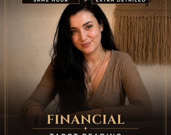 May include: A person with long dark hair wearing a tan long-sleeve top and layered necklaces. Text reads: SAME HOUR, EXTRA DETAILED, FINANCIAL TAROT READING, ELENA MEDIUM STUDIO. The image features a neutral background with a woven wall hanging.