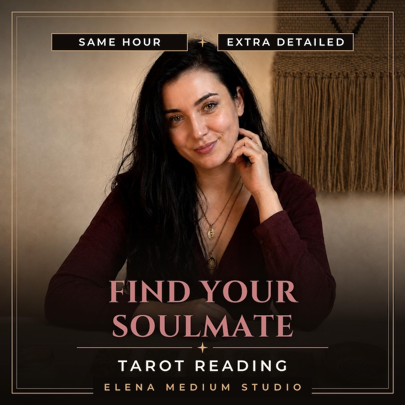 Elena, intuitive psychic medium, seated at her reading table with cards laid out in front of her. Listing image for a soulmate and future spouse tarot reading with description and timing, with same hour delivery, from Elena Medium Studio.