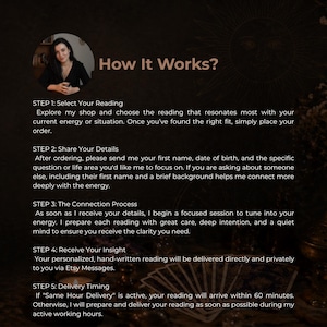 May include: A promotional image with text that reads "How It Works?" and details on how to order a reading. The steps include selecting a reading, sharing details, the connection process, receiving insight, and delivery timing. A woman's photo is in the upper left corner.