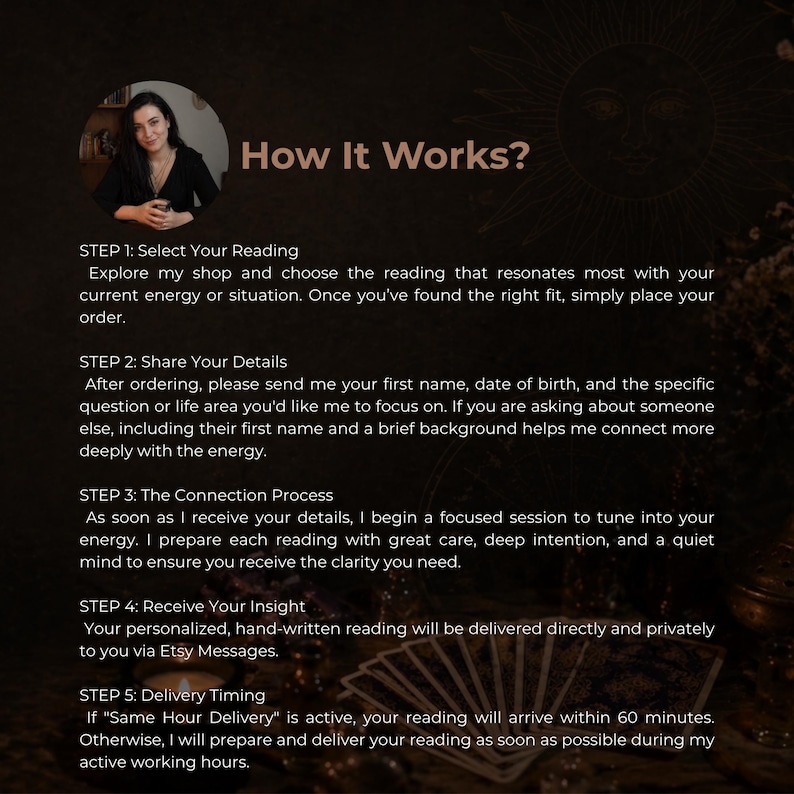 May include: A promotional image with text that reads "How It Works?" and details on how to order a reading. The steps include selecting a reading, sharing details, the connection process, receiving insight, and delivery timing. A woman's photo is in the upper left corner.