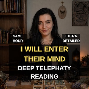 Könnte beinhalten: Eine Frau mit dunklen Haaren lächelt, mit dem Text "I WILL ENTER THEIR MIND DEEP TELEPATHY READING." Das Bild enthält auch den Text "SAME HOUR" und "EXTRA DETAILED."